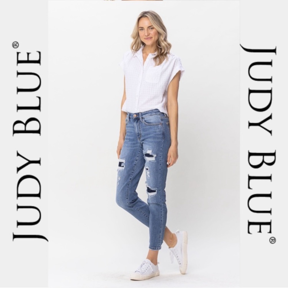 JUDY BLUE | Mid-Rise Navy Blue Patched Destroy Relaxed Fit Jeans - Style #82525